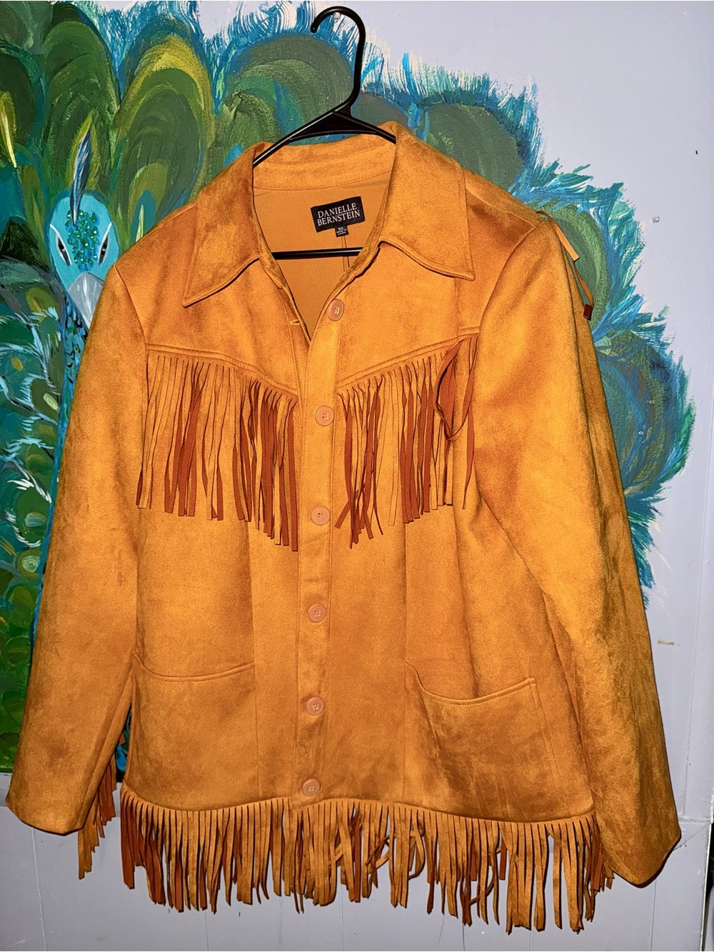 DANIELLE BERNSTEIN Mustard Fringe Suede Button-Up Jacket
